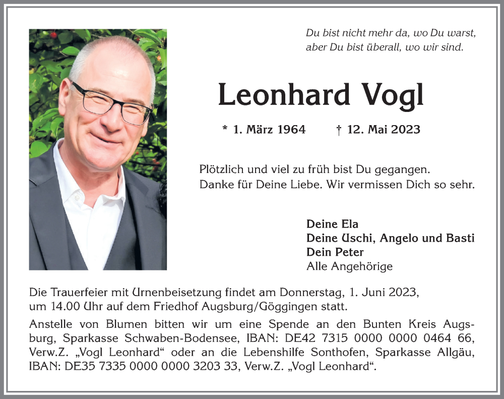  Traueranzeige für Leonhard Vogl vom 27.05.2023 aus Augsburger Allgemeine