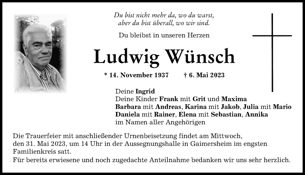  Traueranzeige für Ludwig Wünsch vom 27.05.2023 aus Neuburger Rundschau