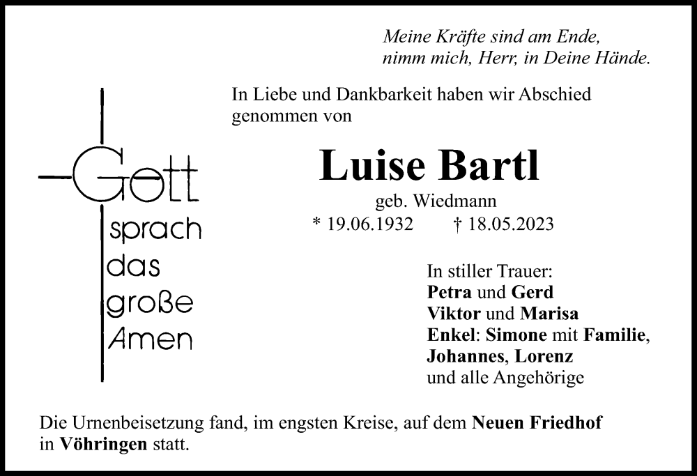  Traueranzeige für Luise Bartl vom 27.05.2023 aus Illertisser Zeitung