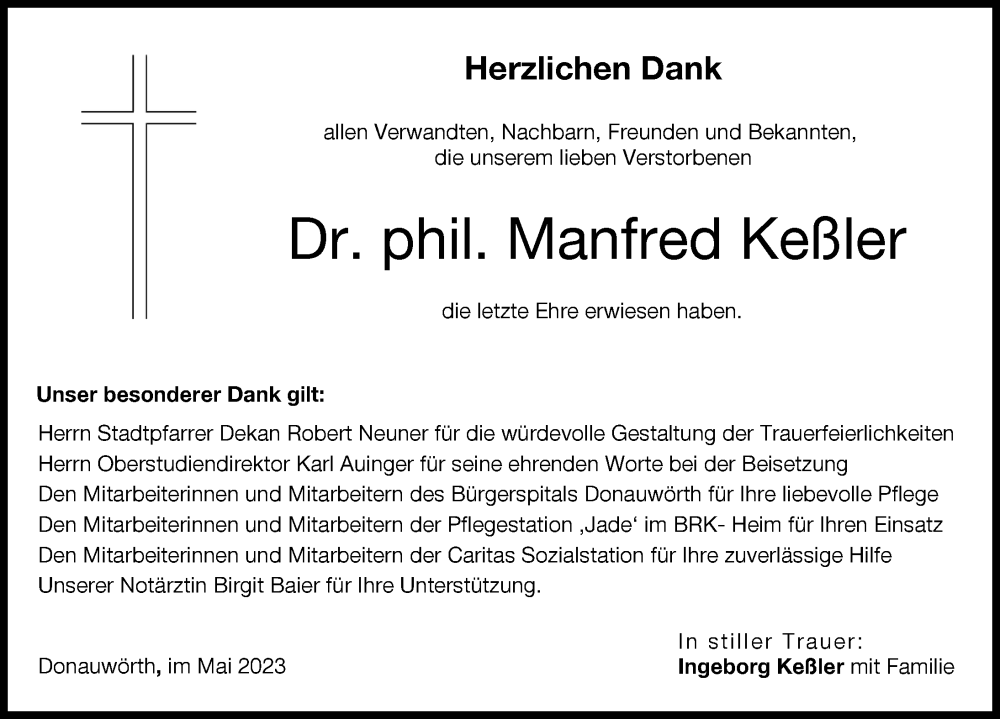 Traueranzeige von Manfred Keßler von Donauwörther Zeitung