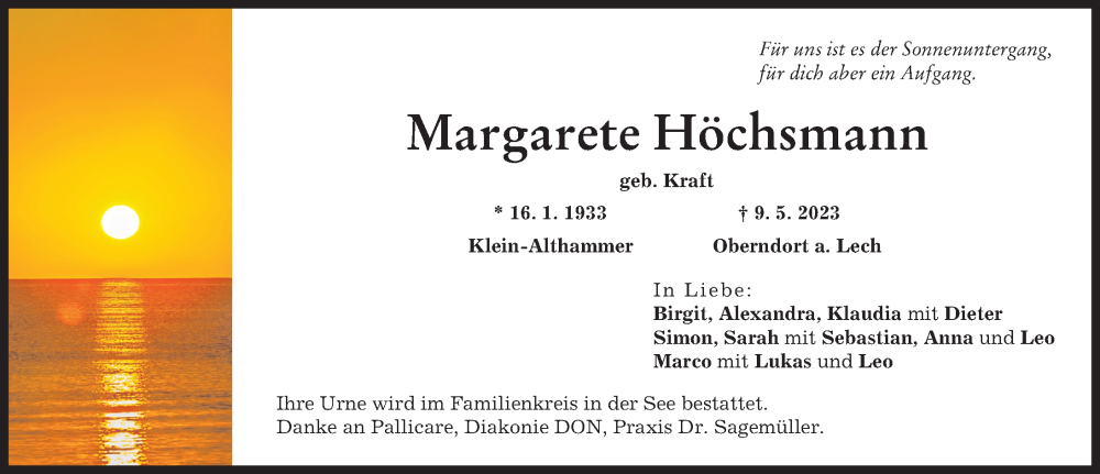 Traueranzeige von Margarete Höchsmann von Donauwörther Zeitung