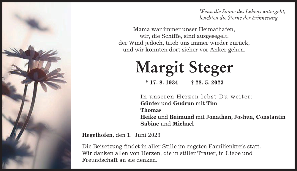Traueranzeige von Margit Steger von Neu-Ulmer Zeitung