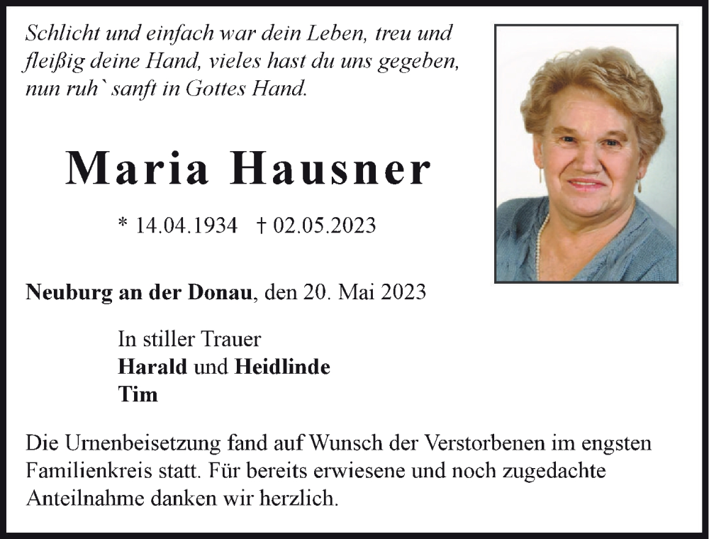 Traueranzeige von Maria Hausner von Neuburger Rundschau