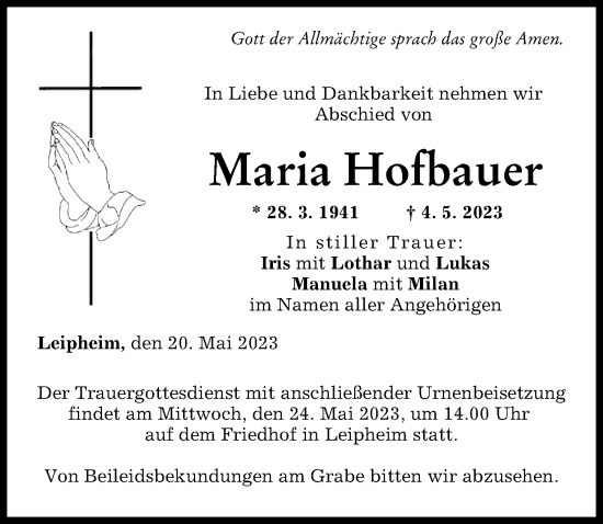 Traueranzeige von Maria Hofbauer von Günzburger Zeitung
