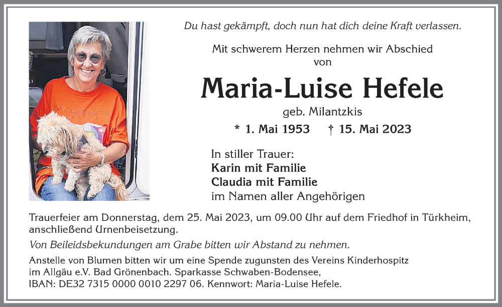  Traueranzeige für Maria-Luise Hefele vom 20.05.2023 aus Mindelheimer Zeitung