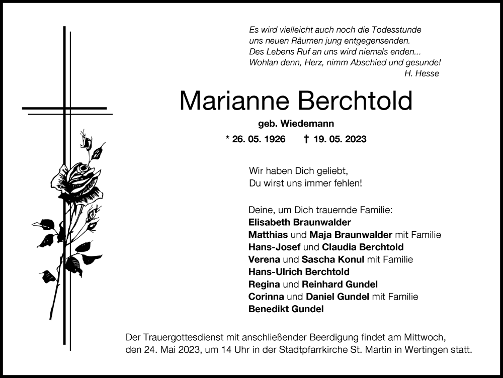 Traueranzeige von Marianne Berchtold von Wertinger Zeitung