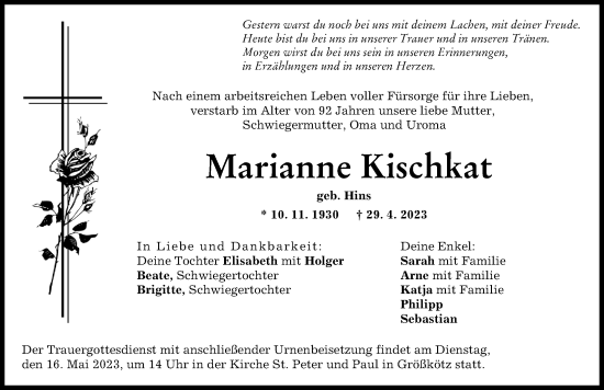 Traueranzeige von Marianne Kischkat von Günzburger Zeitung