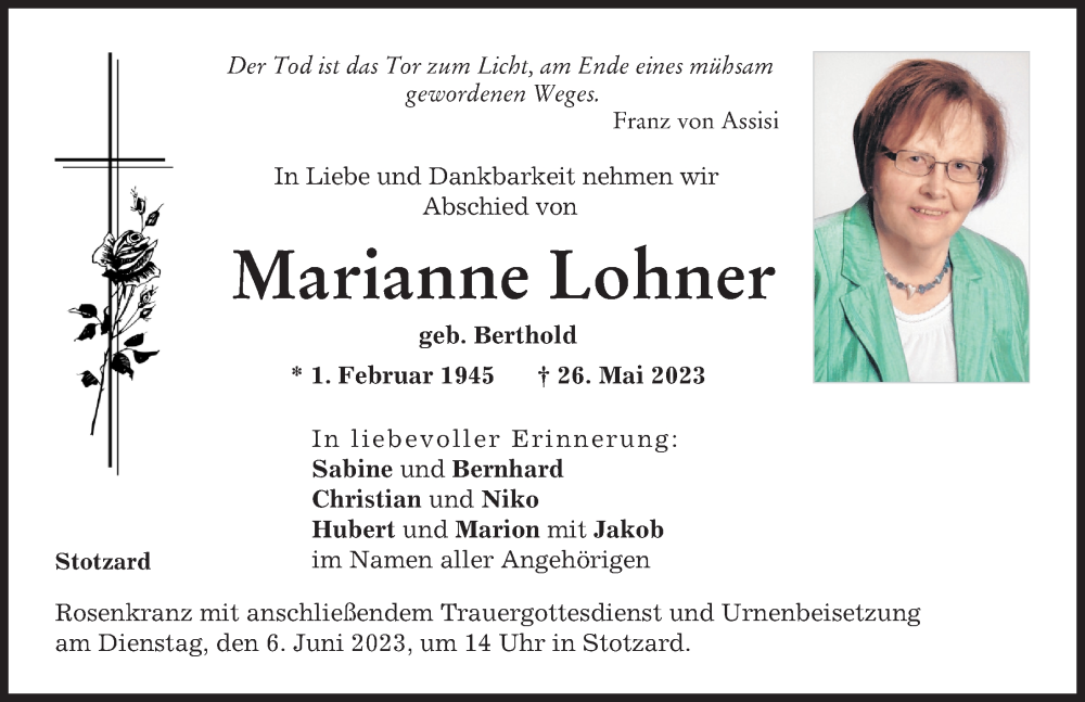  Traueranzeige für Marianne Lohner vom 31.05.2023 aus Aichacher Nachrichten