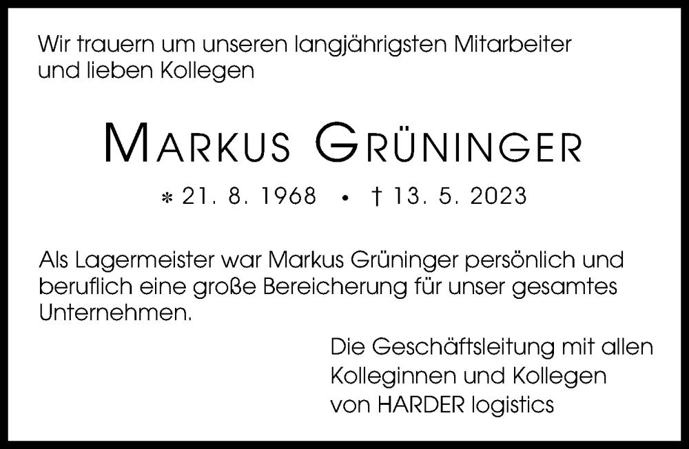  Traueranzeige für Markus Grüninger vom 20.05.2023 aus Illertisser Zeitung