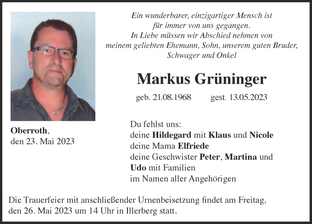  Traueranzeige für Markus Grüninger vom 23.05.2023 aus Illertisser Zeitung, Neu-Ulmer Zeitung