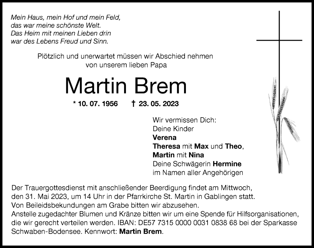  Traueranzeige für Martin Brem vom 27.05.2023 aus Augsburg-Land