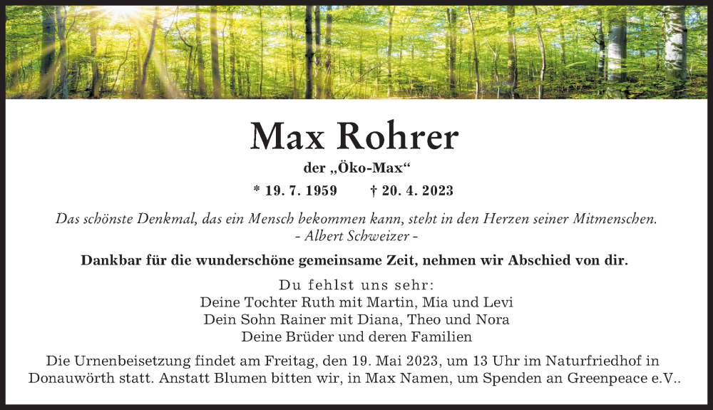  Traueranzeige für Max Rohrer vom 06.05.2023 aus Donauwörther Zeitung