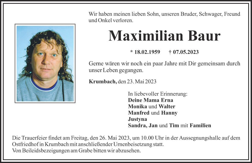 Traueranzeige von Maximilian Baur von Mittelschwäbische Nachrichten