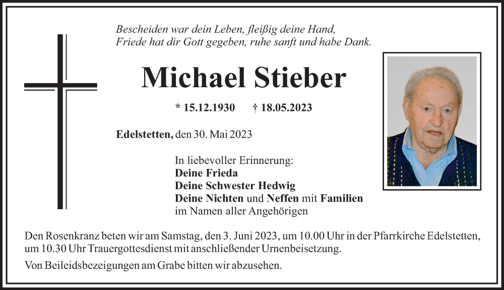  Traueranzeige für Michael Stieber vom 30.05.2023 aus Mittelschwäbische Nachrichten