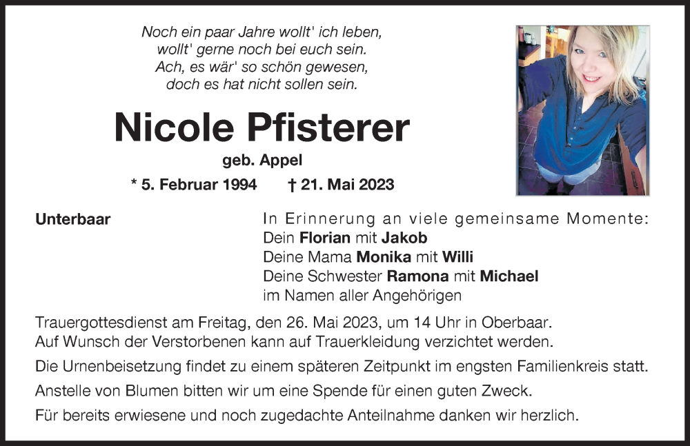  Traueranzeige für Nicole Pfisterer vom 24.05.2023 aus Aichacher Nachrichten