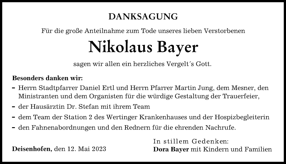 Traueranzeige von Nikolaus Bayer von Donau Zeitung