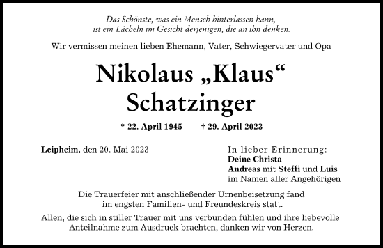 Traueranzeige von Nikolaus Schatzinger von Günzburger Zeitung