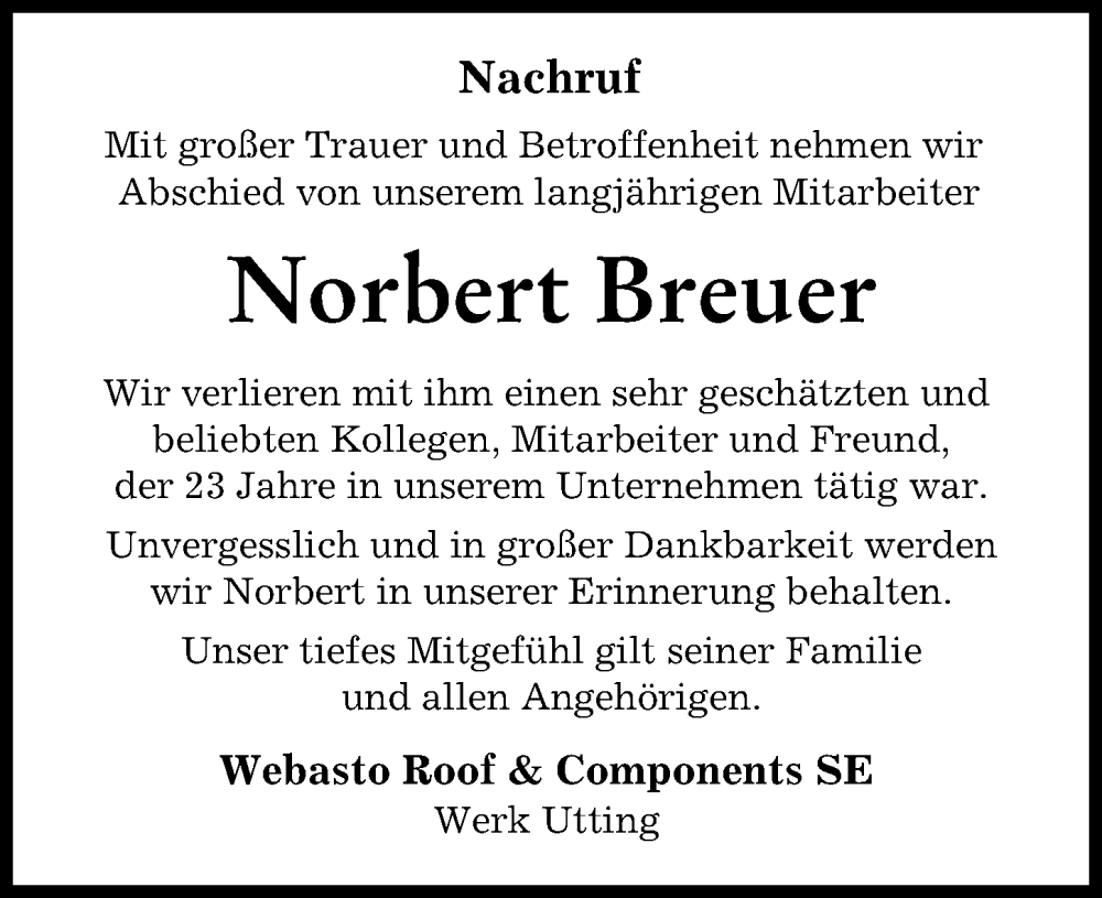 Traueranzeige von Norbert Breuer von Landsberger Tagblatt