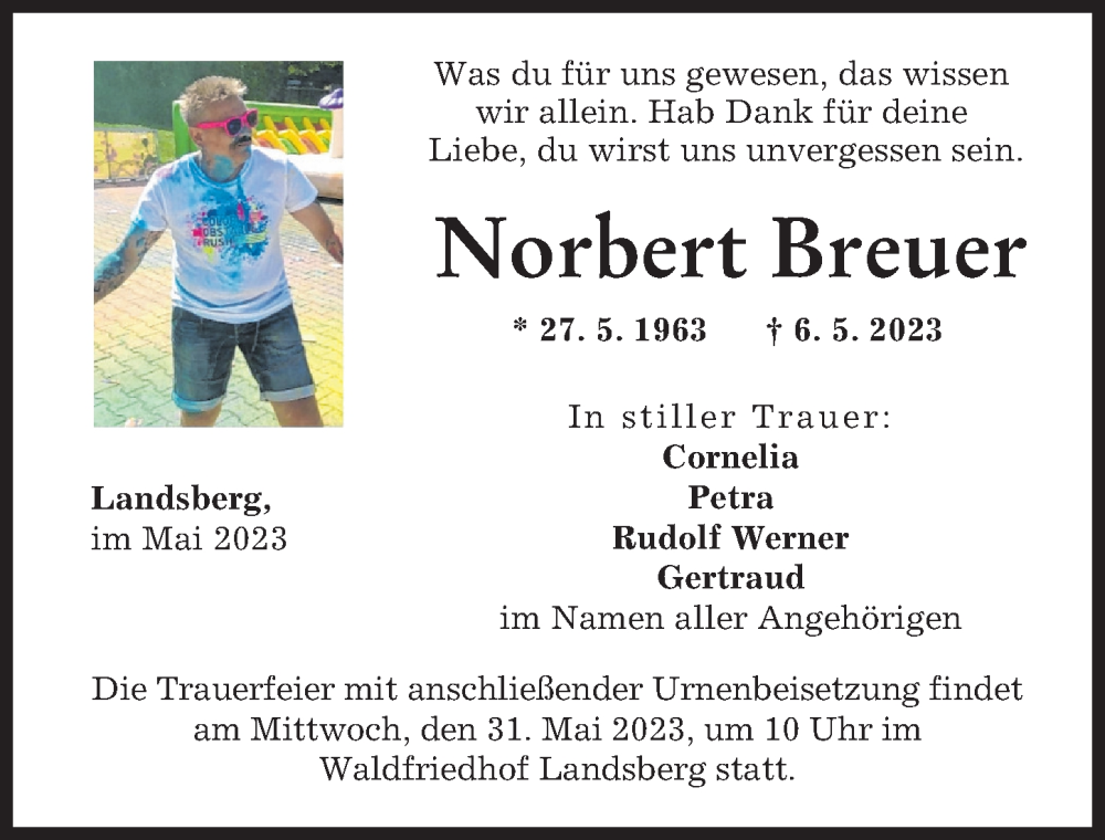  Traueranzeige für Norbert Breuer vom 27.05.2023 aus Landsberger Tagblatt