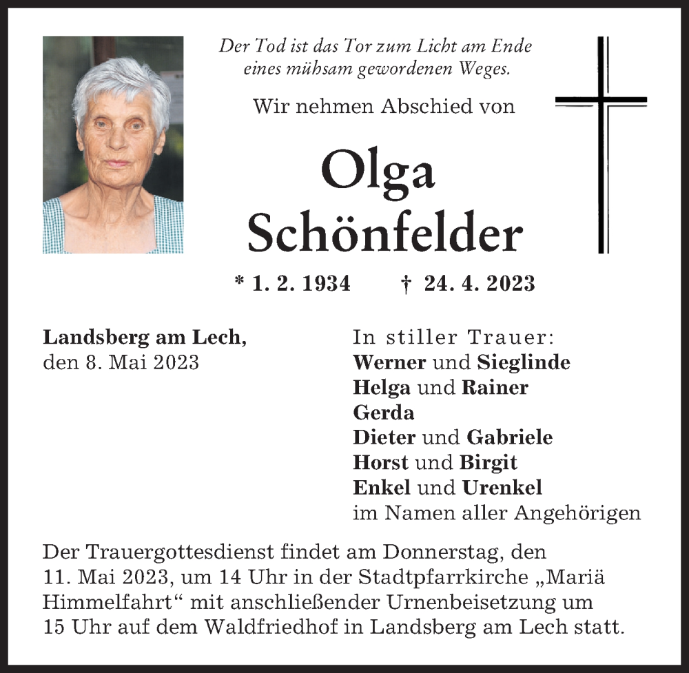 Traueranzeige von Oöga Schönfelder von Landsberger Tagblatt