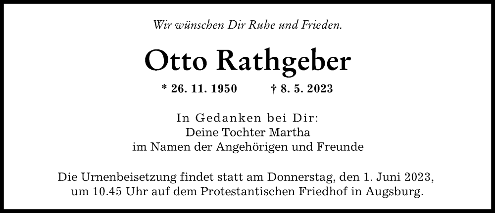  Traueranzeige für Otto Rathgeber vom 27.05.2023 aus Augsburger Allgemeine