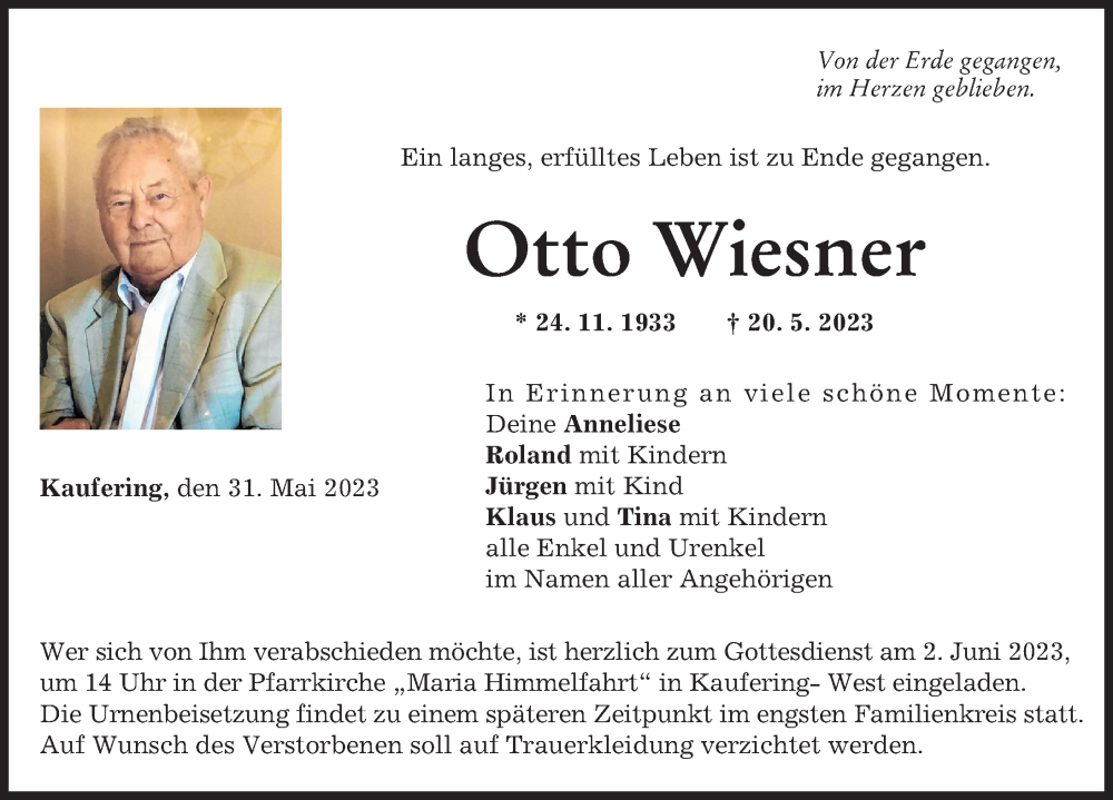  Traueranzeige für Otto Wiesner vom 31.05.2023 aus Landsberger Tagblatt