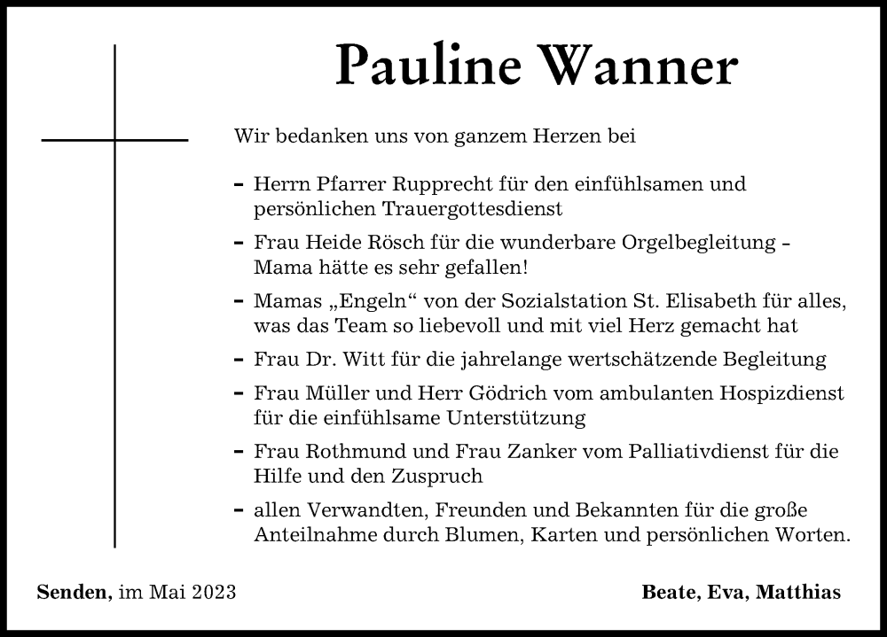 Traueranzeige von Pauline Wanner von Neu-Ulmer Zeitung