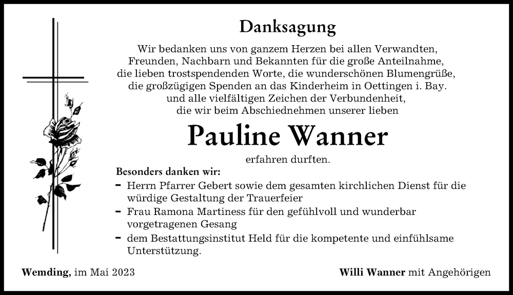 Traueranzeige von Pauline Wanner von Rieser Nachrichten, Donauwörther Zeitung