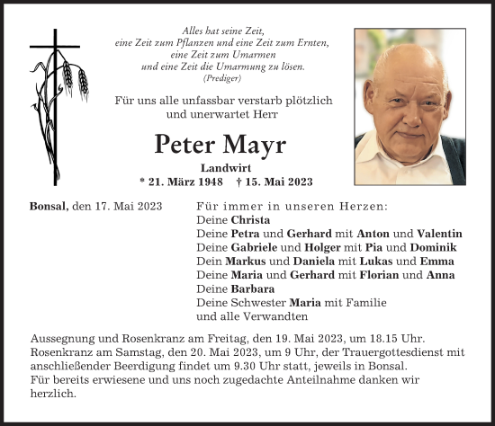Traueranzeigen Von Peter Mayr Augsburger Allgemeine Zeitung