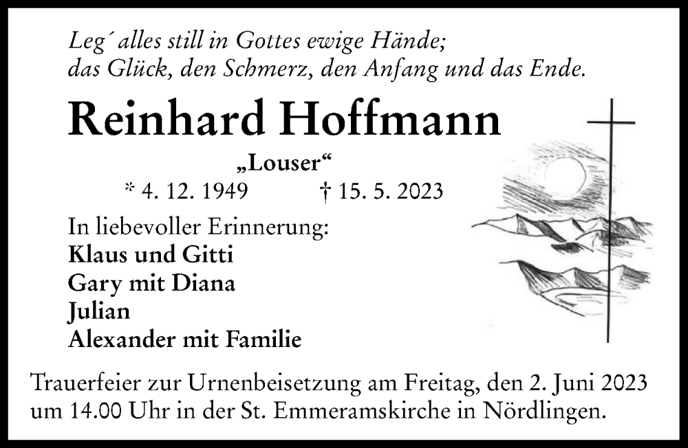  Traueranzeige für Reinhard Hoffmann vom 31.05.2023 aus Rieser Nachrichten
