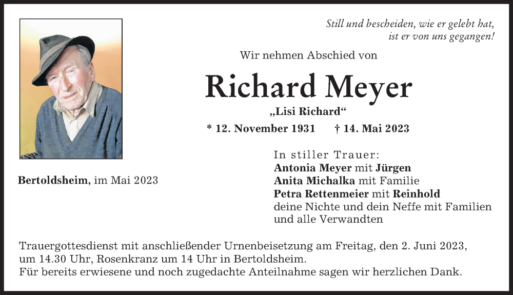  Traueranzeige für Richard Meyer vom 30.05.2023 aus Neuburger Rundschau
