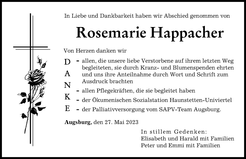  Traueranzeige für Rosemarie Happacher vom 27.05.2023 aus Augsburger Allgemeine