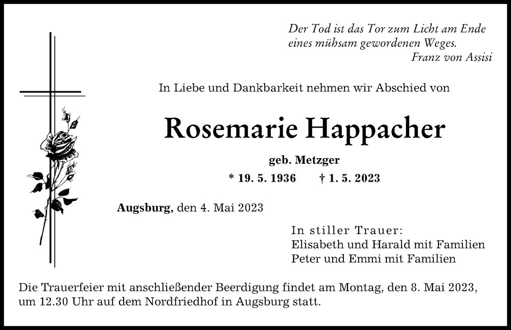  Traueranzeige für Rosemarie Happacher vom 04.05.2023 aus Augsburger Allgemeine