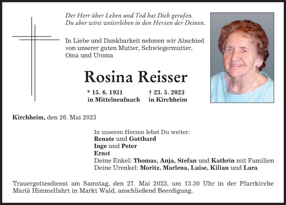  Traueranzeige für Rosina Reisser vom 26.05.2023 aus Mindelheimer Zeitung