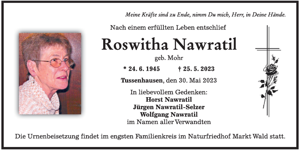  Traueranzeige für Roswitha Nawratil vom 30.05.2023 aus Mindelheimer Zeitung