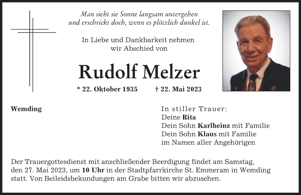  Traueranzeige für Rudolf Melzer vom 25.05.2023 aus Donauwörther Zeitung