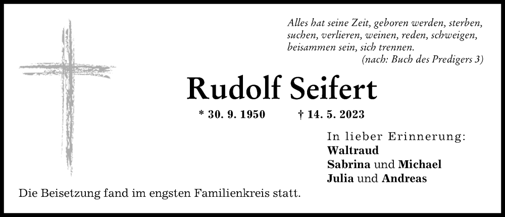 Traueranzeige für Rudolf Seifert vom 27.05.2023 aus Friedberger Allgemeine