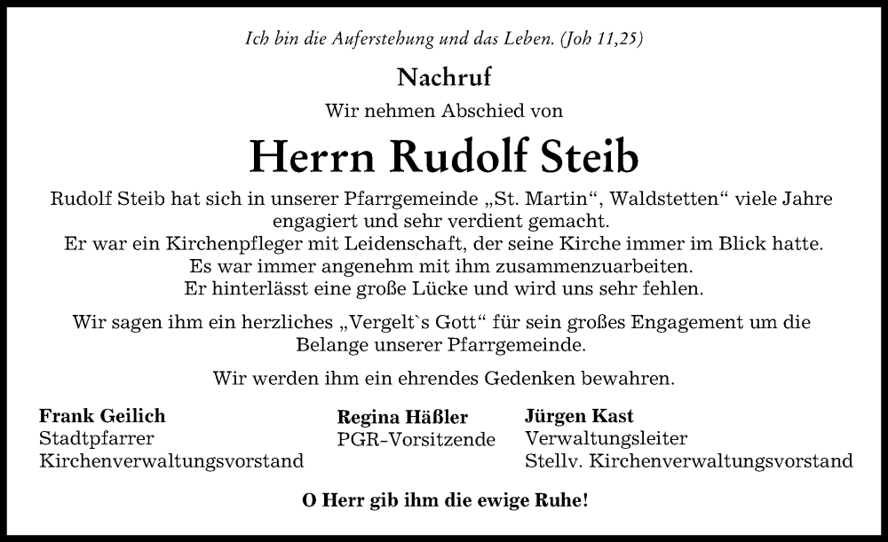  Traueranzeige für Rudolf Steib vom 31.05.2023 aus Günzburger Zeitung