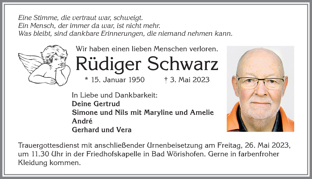 Traueranzeige von Rüdiger Schwarz von Friedberger Allgemeine, Mindelheimer Zeitung