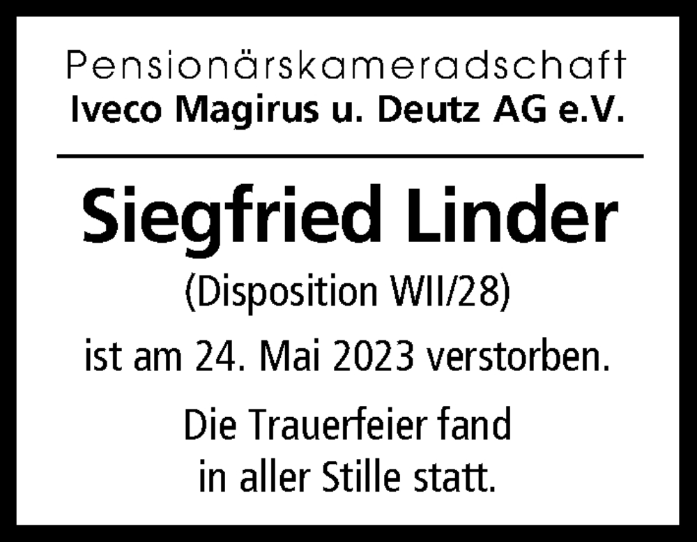  Traueranzeige für Siegfried Linder vom 01.06.2023 aus Illertisser Zeitung, Günzburger Zeitung, Neu-Ulmer Zeitung