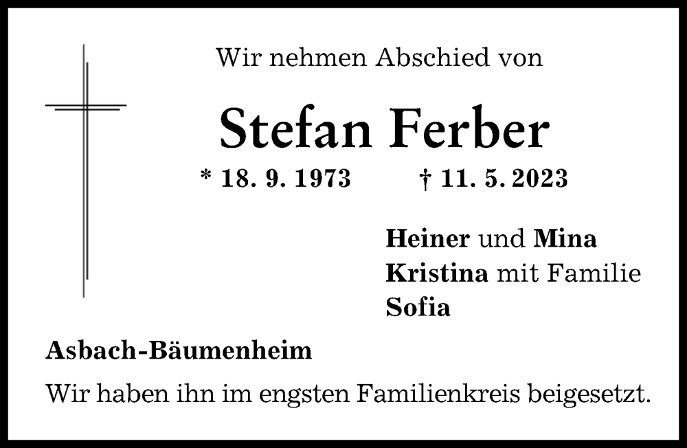  Traueranzeige für Stefan Ferber vom 23.05.2023 aus Donauwörther Zeitung