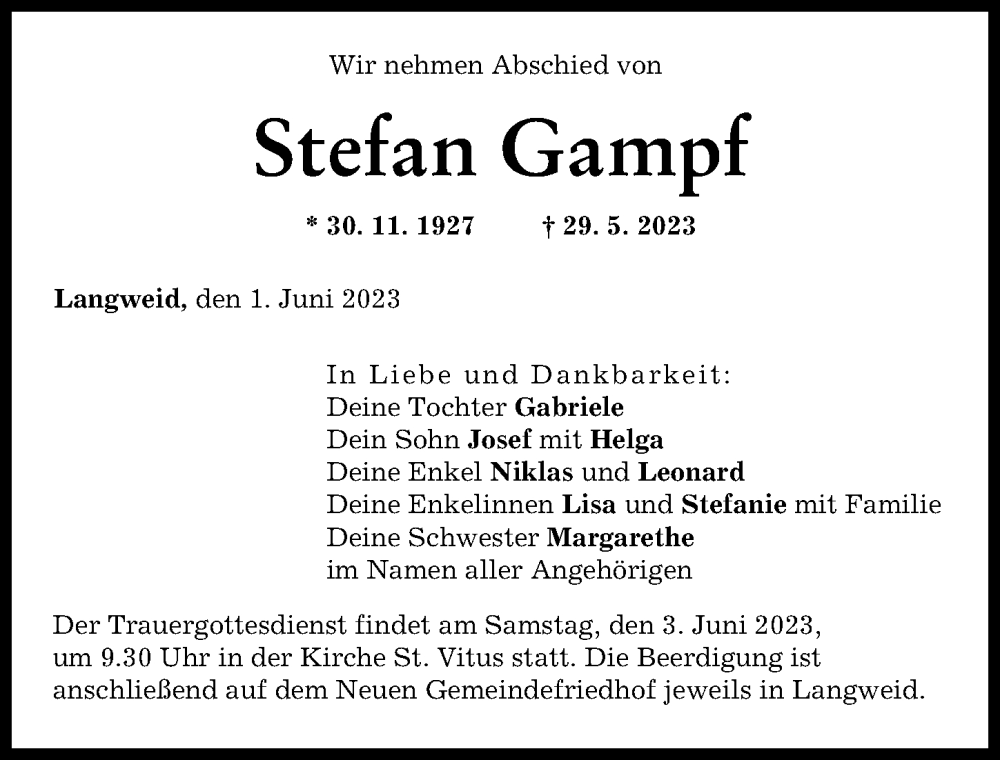  Traueranzeige für Stefan Gampf vom 01.06.2023 aus Augsburg-Land