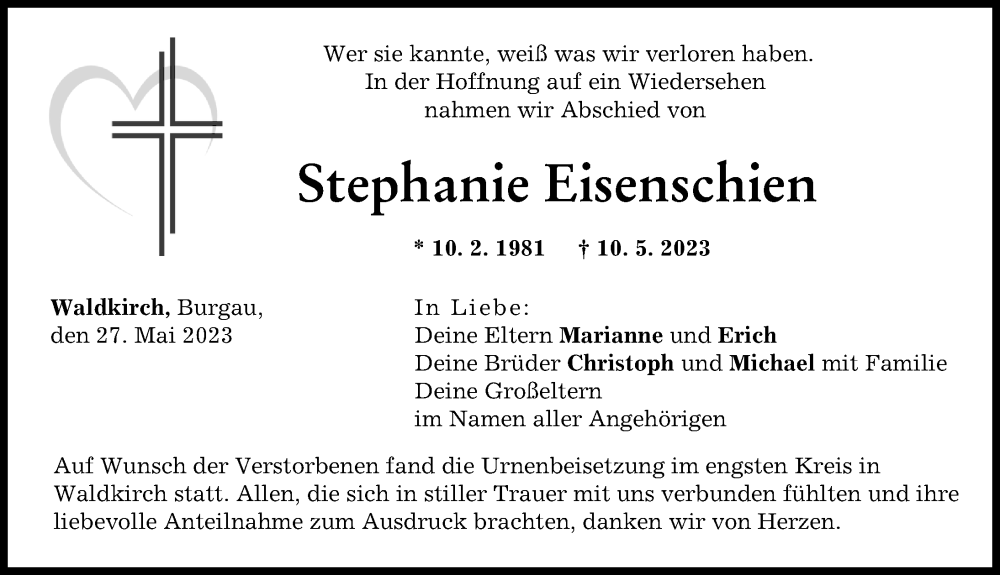  Traueranzeige für Stephanie Eisenschien vom 27.05.2023 aus Günzburger Zeitung