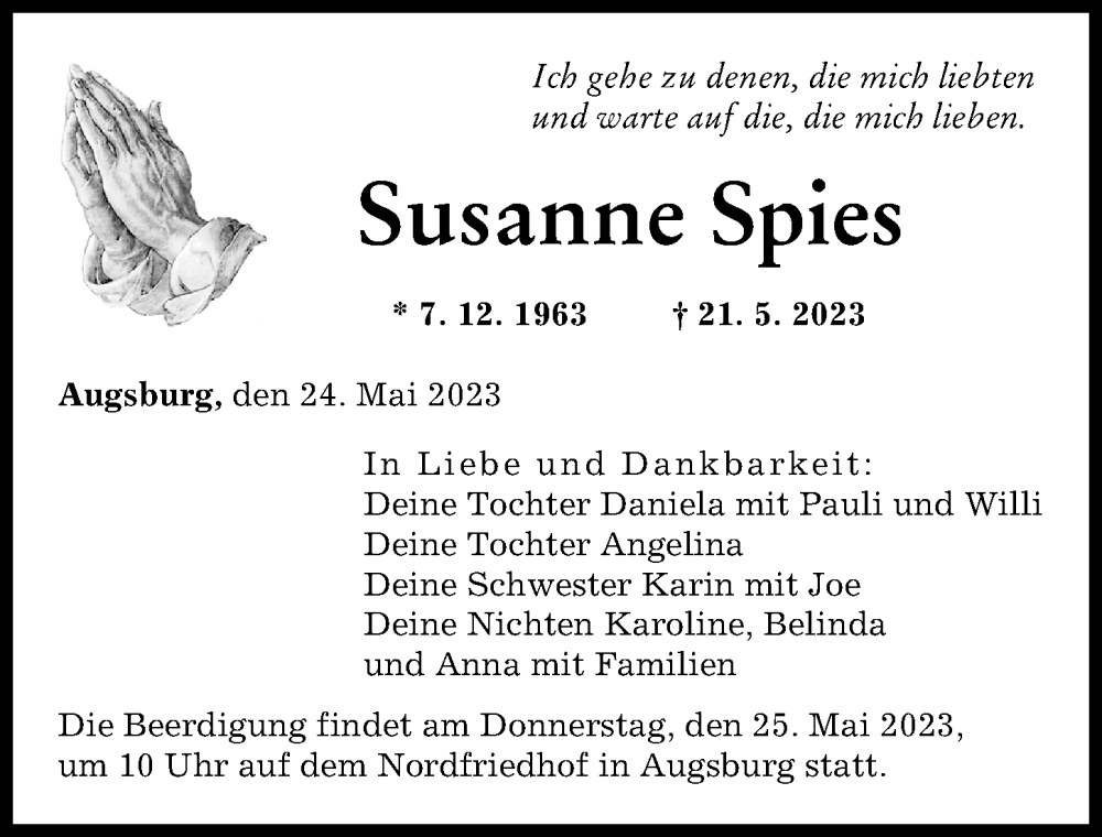  Traueranzeige für Susanne Spies vom 24.05.2023 aus Augsburger Allgemeine