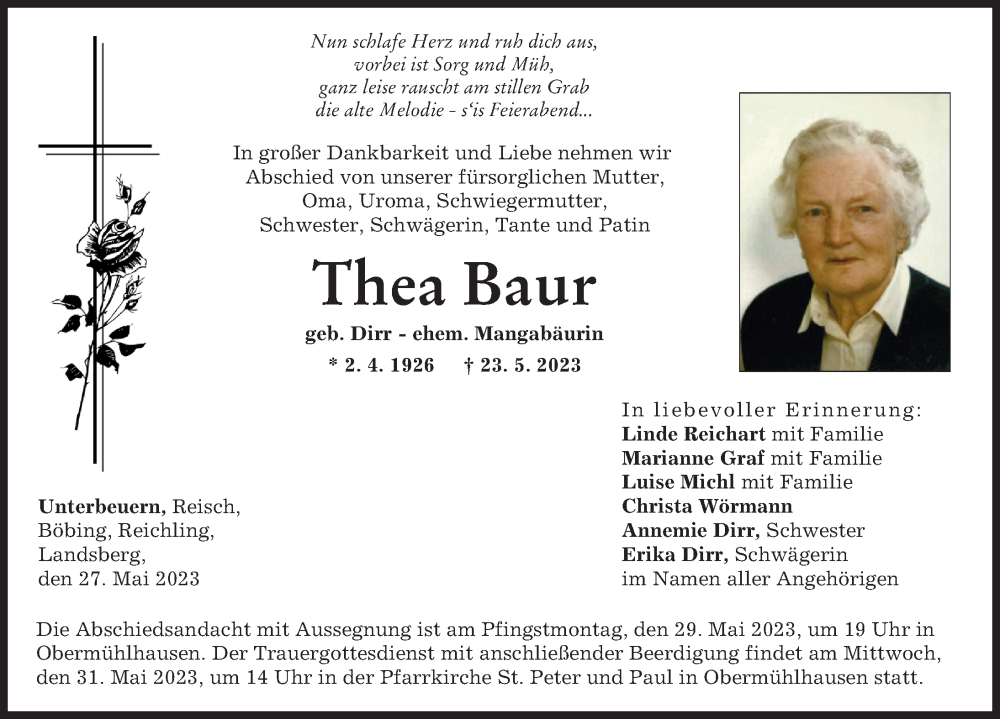  Traueranzeige für Thea Baur vom 27.05.2023 aus Landsberger Tagblatt