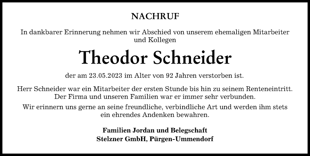  Traueranzeige für Theodor Schneider vom 27.05.2023 aus Landsberger Tagblatt