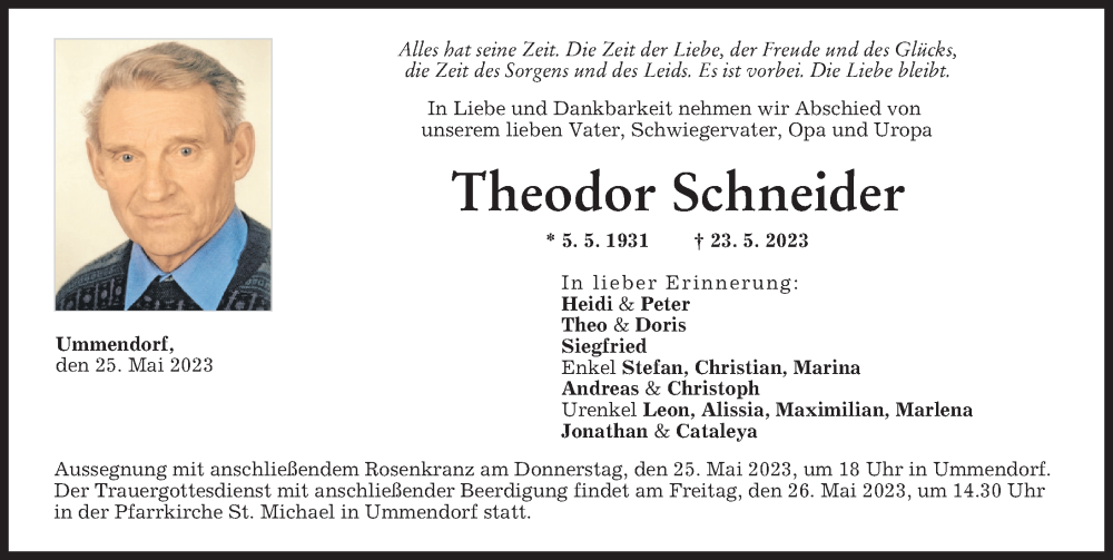  Traueranzeige für Theodor Schneider vom 25.05.2023 aus Landsberger Tagblatt