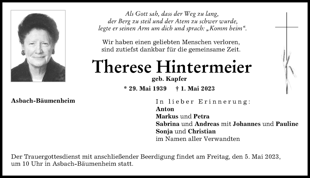 Traueranzeigen Von Therese Hintermeier Augsburger Allgemeine Zeitung