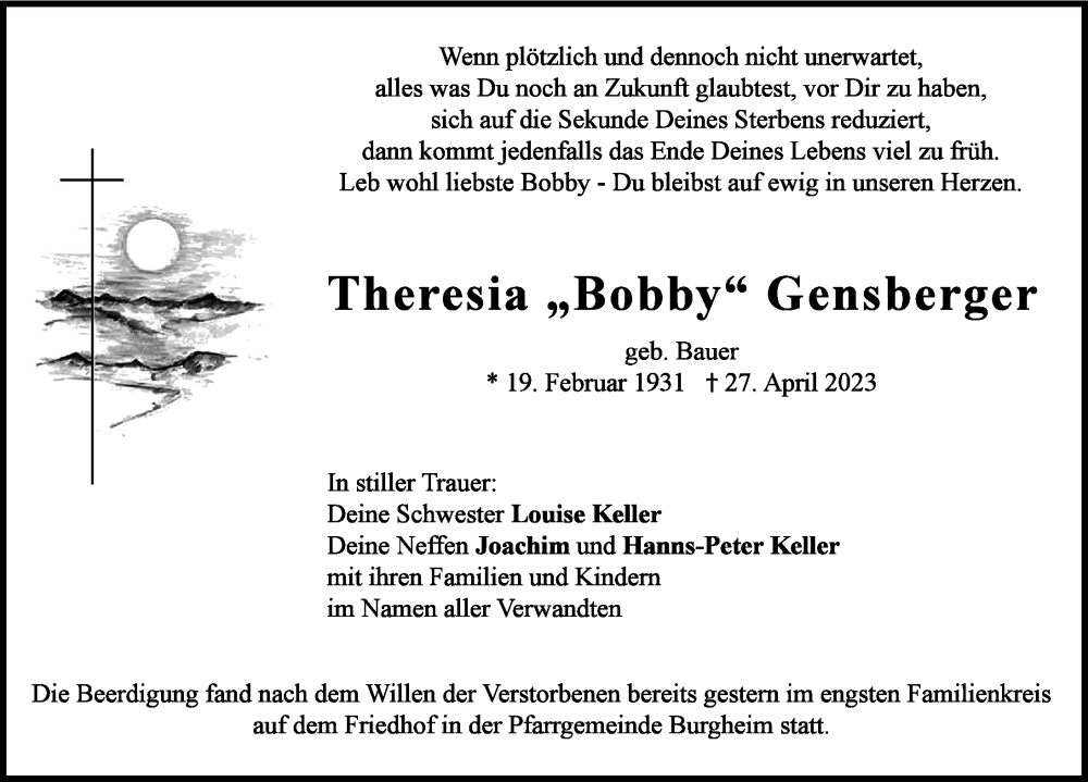  Traueranzeige für Theresia Gensberger vom 27.05.2023 aus Neuburger Rundschau