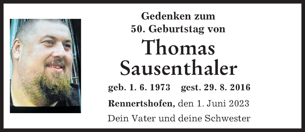  Traueranzeige für Thomas Sausenthaler vom 01.06.2023 aus Illertisser Zeitung